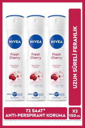 Nivea Women's Spray Deodorant Fresh Cherry 150ml, X3 Pieces, 72 Hours Anti-perspirant Protection, Cherry Blossom Fragrance