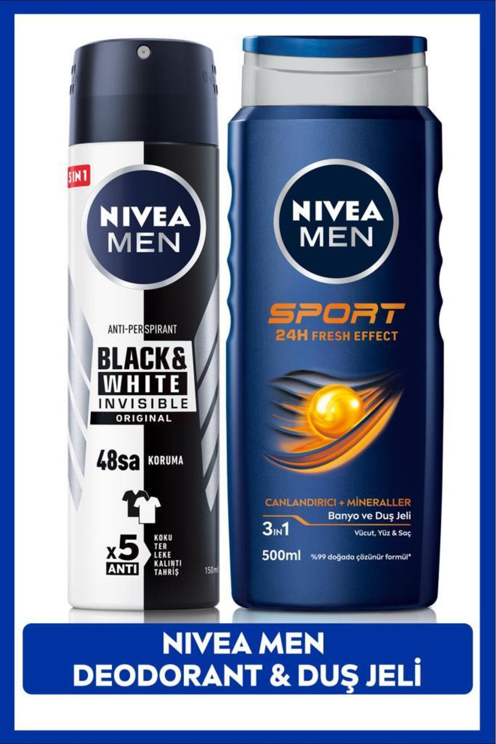 Nivea MEN Men's Spray Deodorant Black&White Invisible Original and MEN Sport Men's Shower Gel 500ml