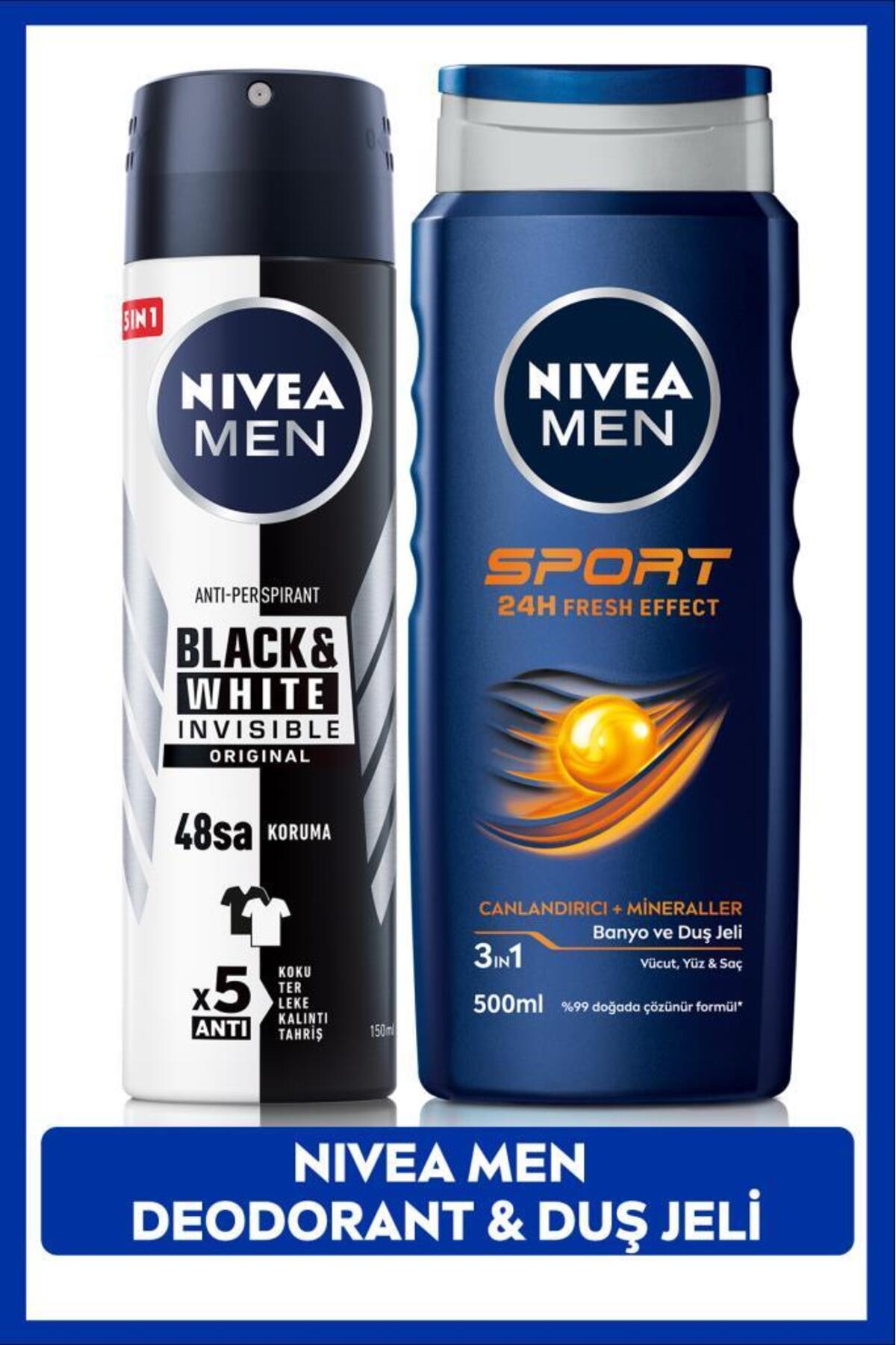 Nivea MEN Men's Spray Deodorant Black&White Invisible Original and MEN Sport Men's Shower Gel 500ml