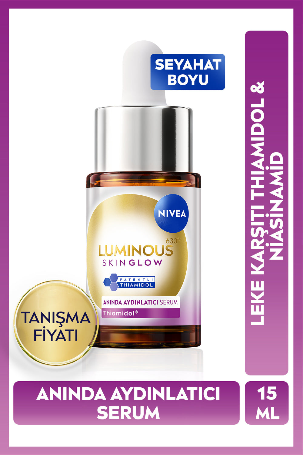 Nivea Luminous630 Skin Glow Instant Brightening Serum 15ml, Even Skin Tone, Thiamidol, Niacinamide, AloeVera