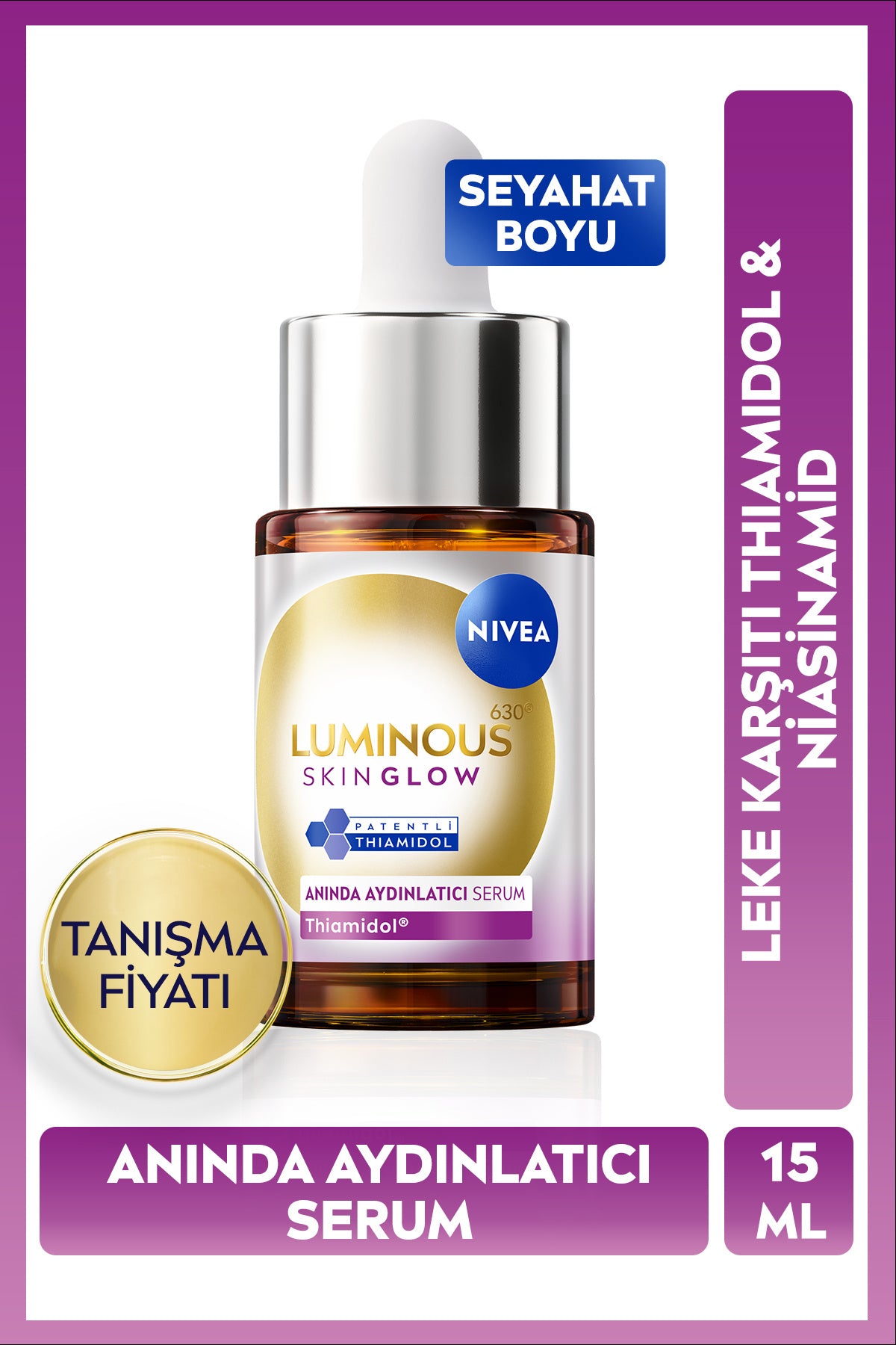 Nivea Luminous630 Skin Glow Instant Brightening Serum 15ml, Even Skin Tone, Thiamidol, Niacinamide, AloeVera
