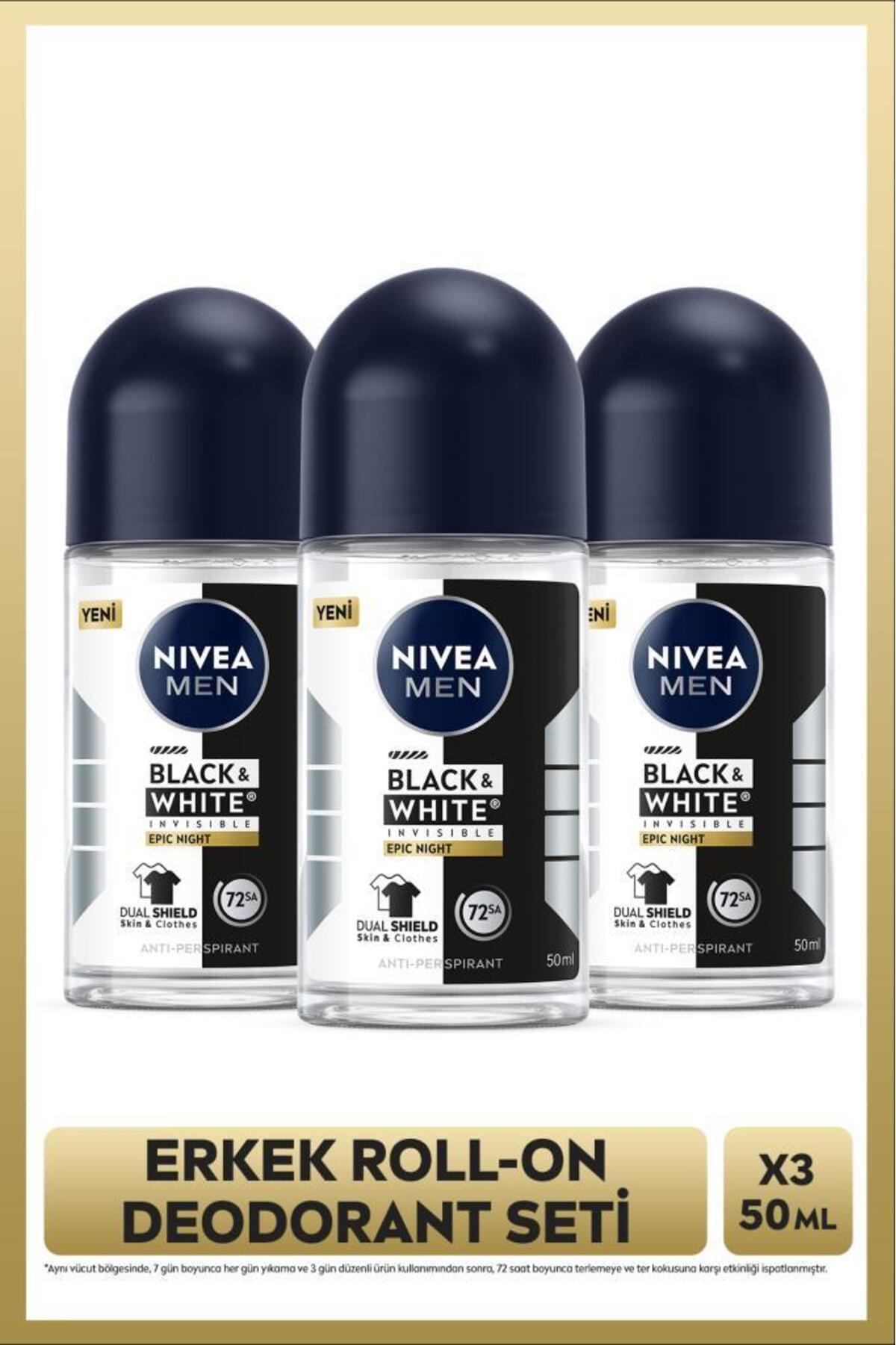 Nivea MEN Men's Roll-on Deodorant Black&White Epic Night 50ml, 72 Hours Anti-Sweat, Alcohol-free, X3 Pieces