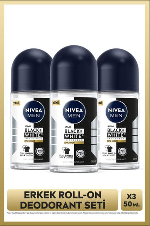 Nivea MEN Men's Roll-on Deodorant Black&White Epic Night 50ml, 72 Hours Anti-Sweat, Alcohol-free, X3 Pieces