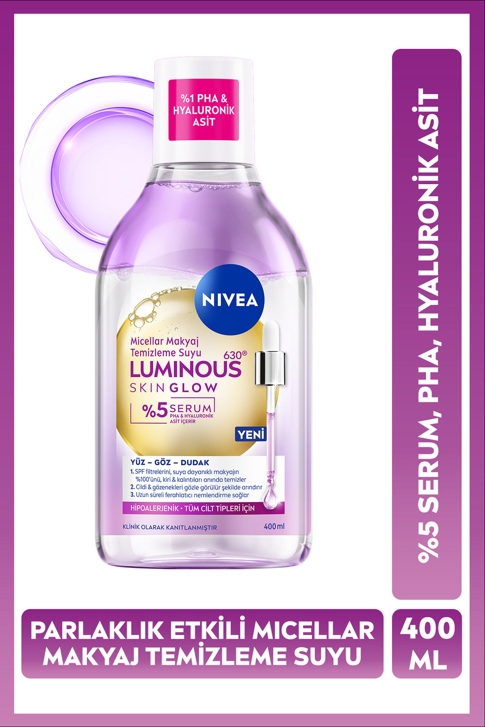 Nivea Luminous630 Skin Glow Shine Effective Micellar Makeup Cleansing Water 400ml, Serum, Hyaluronic Acid
