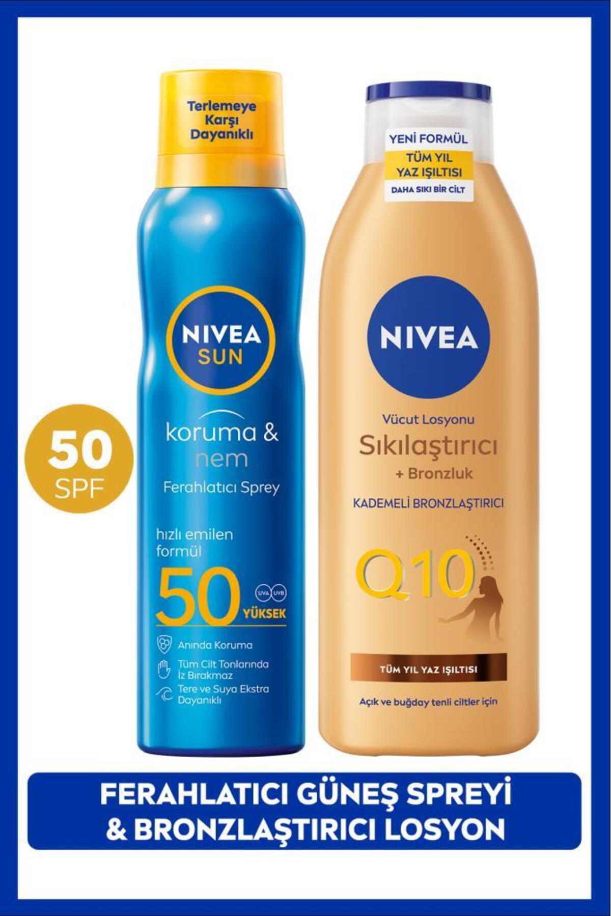 Nivea SUN SPF50 Sunscreen Refreshing Spray 200ml and Q10 Firming Tan Body Lotion 250ml