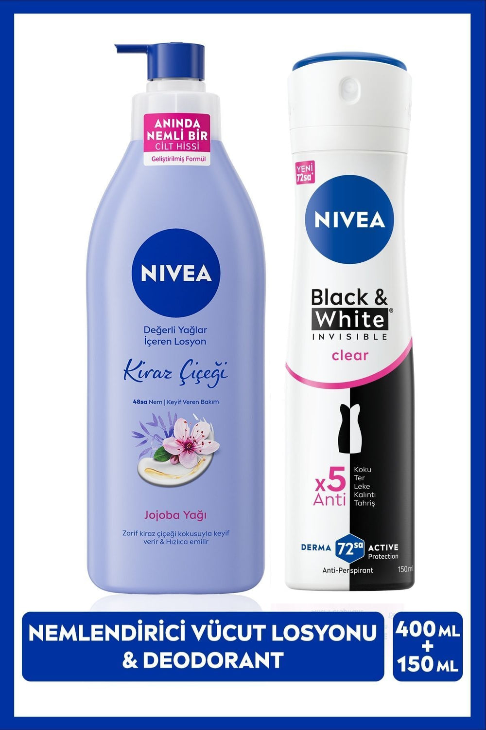 Nivea Women's Spray Deodorant Black&White InvisibleClear 150ml, Cherry Blossom Moisturizing Body Lotion 400ml