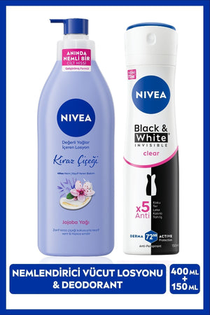 Nivea Women's Spray Deodorant Black&White InvisibleClear 150ml, Cherry Blossom Moisturizing Body Lotion 400ml