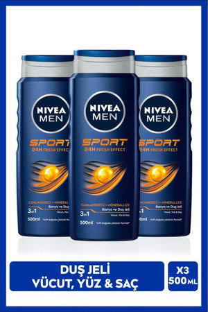 Nivea Men's Revitalizing Bath and Shower Gel Sports 500ml, Body Face Hair, Renewing Mineral, X3 Pieces