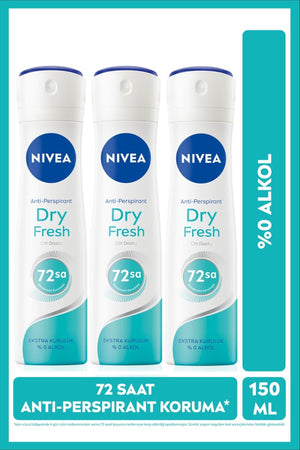 Nivea Women's Spray Deodorant Dry Fresh 150ml, 72 Hours Anti-Sweat, Alcohol-free, X3 Pieces, Advantageous Package