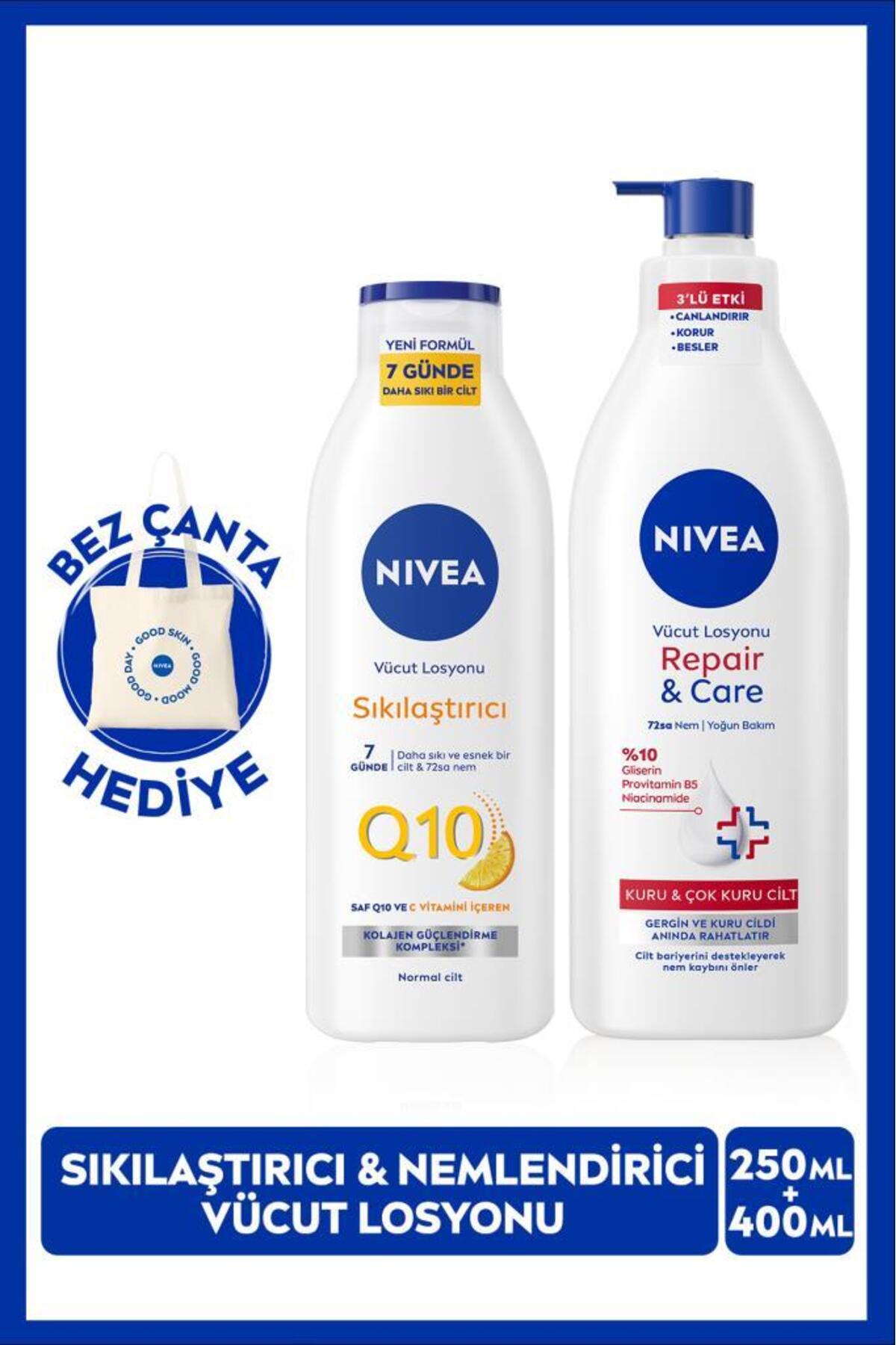 Nivea Q10 Firming Body Lotion 250ml and Repair Care Moisturizing Lotion 400ml, Dry Skin, With Bag