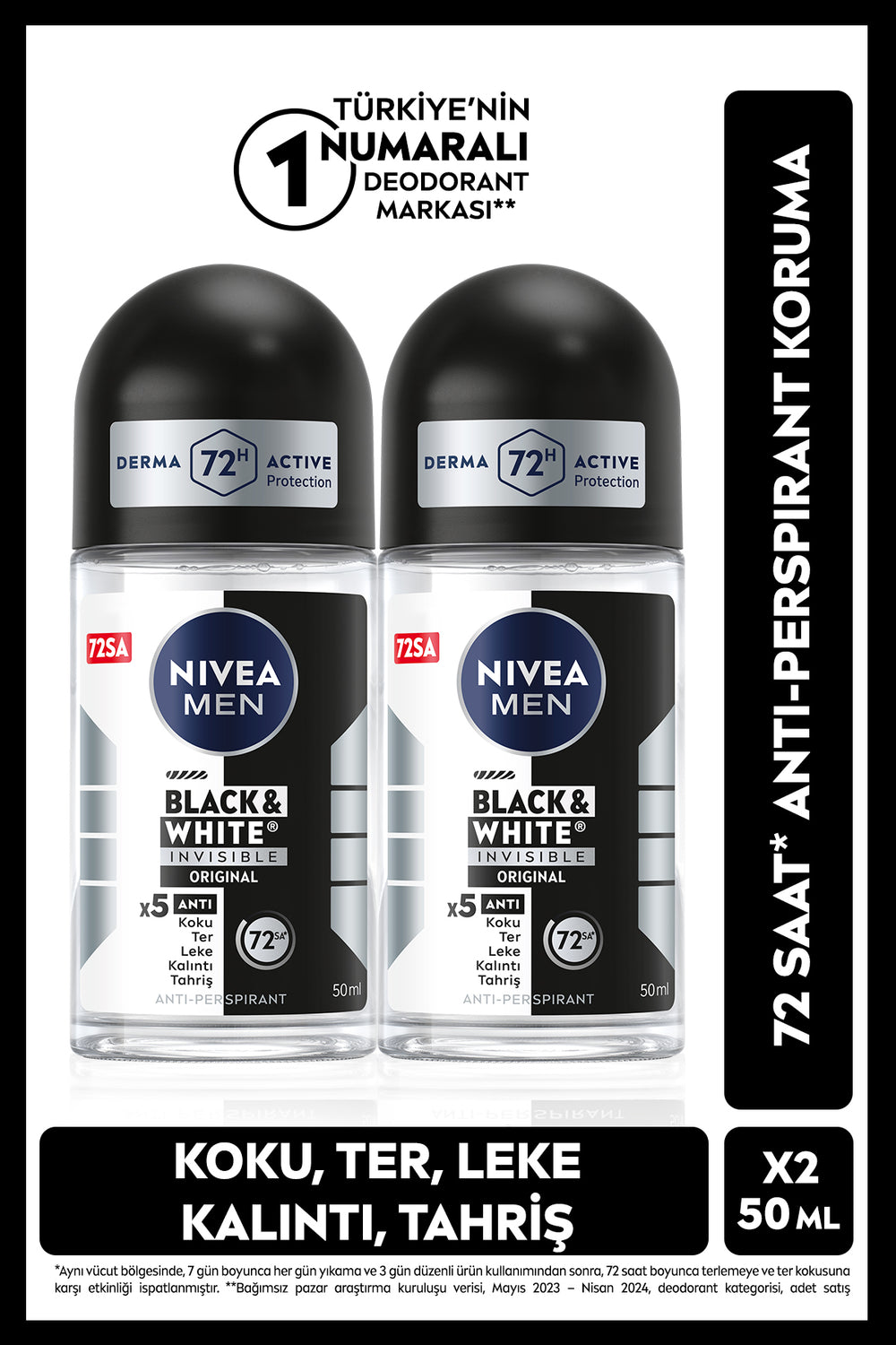 Nivea MEN Men's Roll-on Deodorant Black&white Invisible Original 50ml, 72 Hours Anti-perspirant, X2 Pieces