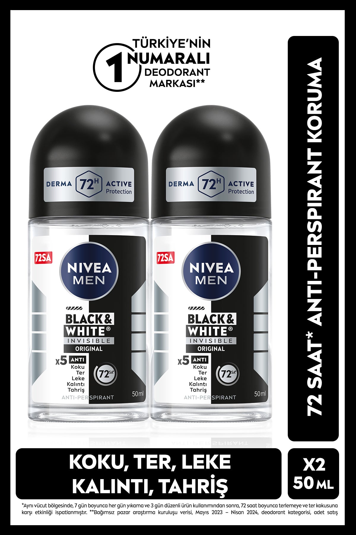 Nivea MEN Men's Roll-on Deodorant Black&white Invisible Original 50ml, 72 Hours Anti-perspirant, X2 Pieces