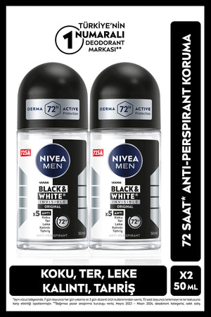 Nivea MEN Men's Roll-on Deodorant Black&white Invisible Original 50ml, 72 Hours Anti-perspirant, X2 Pieces