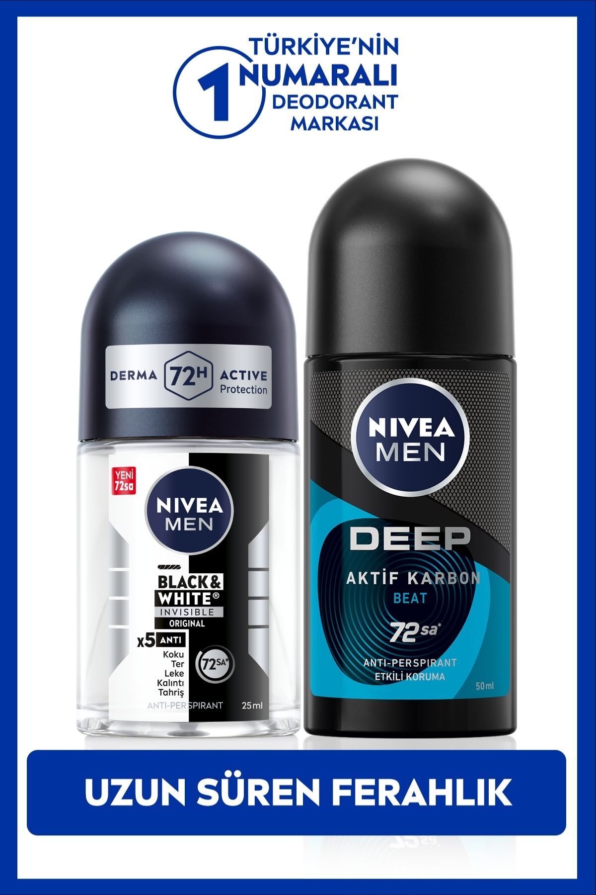 Nivea MEN Men's Roll-on Deodorant Deep Beat 50ml and Mini Roll-on Black&White Invisible Original 25ml, Set