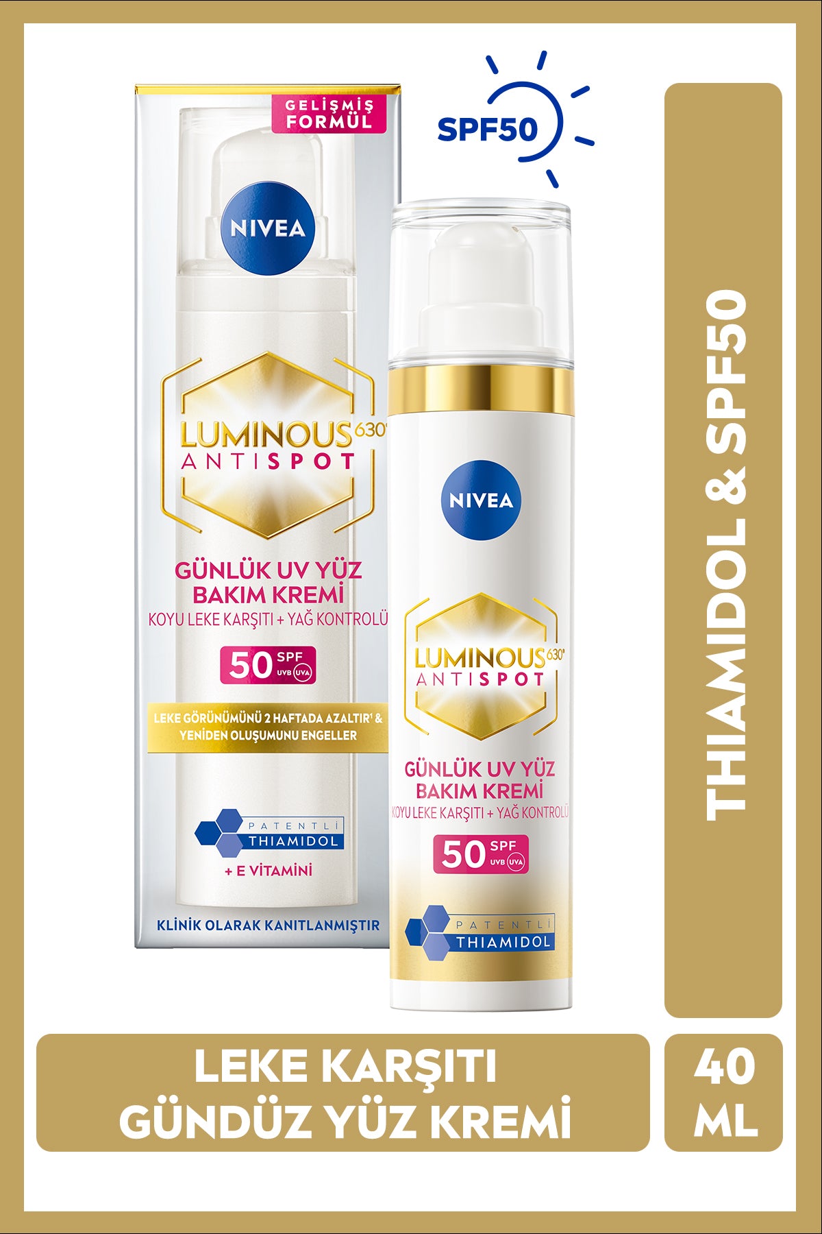 Nivea SPF50 Luminous630 Thiamidol Effective Anti-Blemish Day Face Cream 40ml, Hyaluronic Acid, Sunscreen
