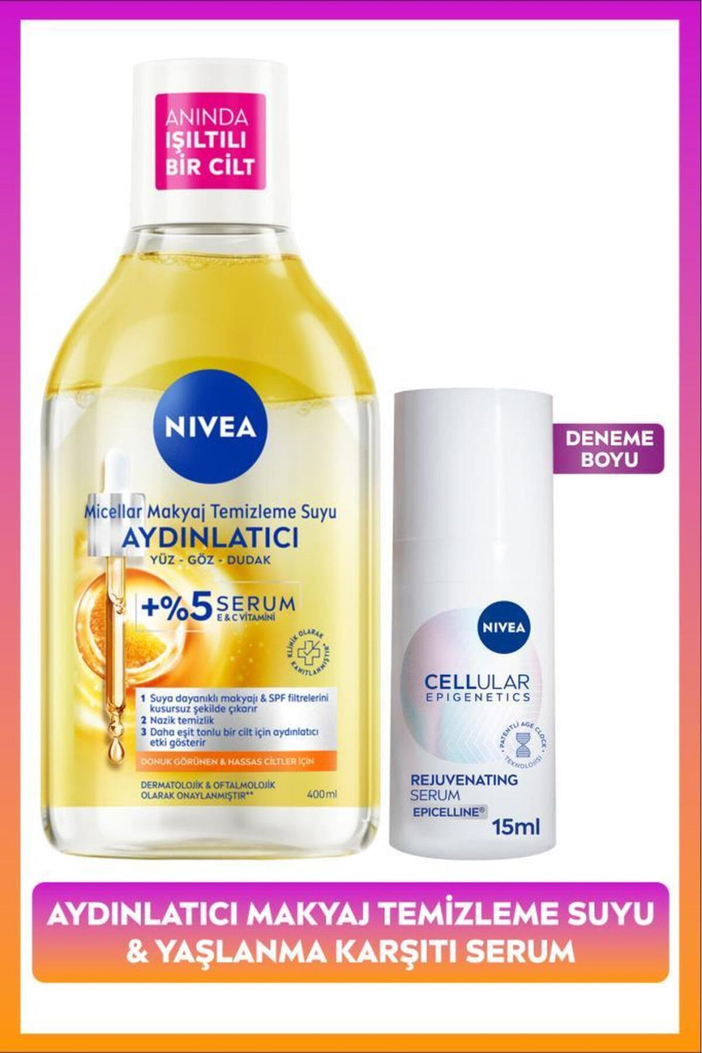 Nivea Anti-Aging and Brightening Skin Care Set, Skin Serum 15ml and Micellar Make-up Cleansing Water