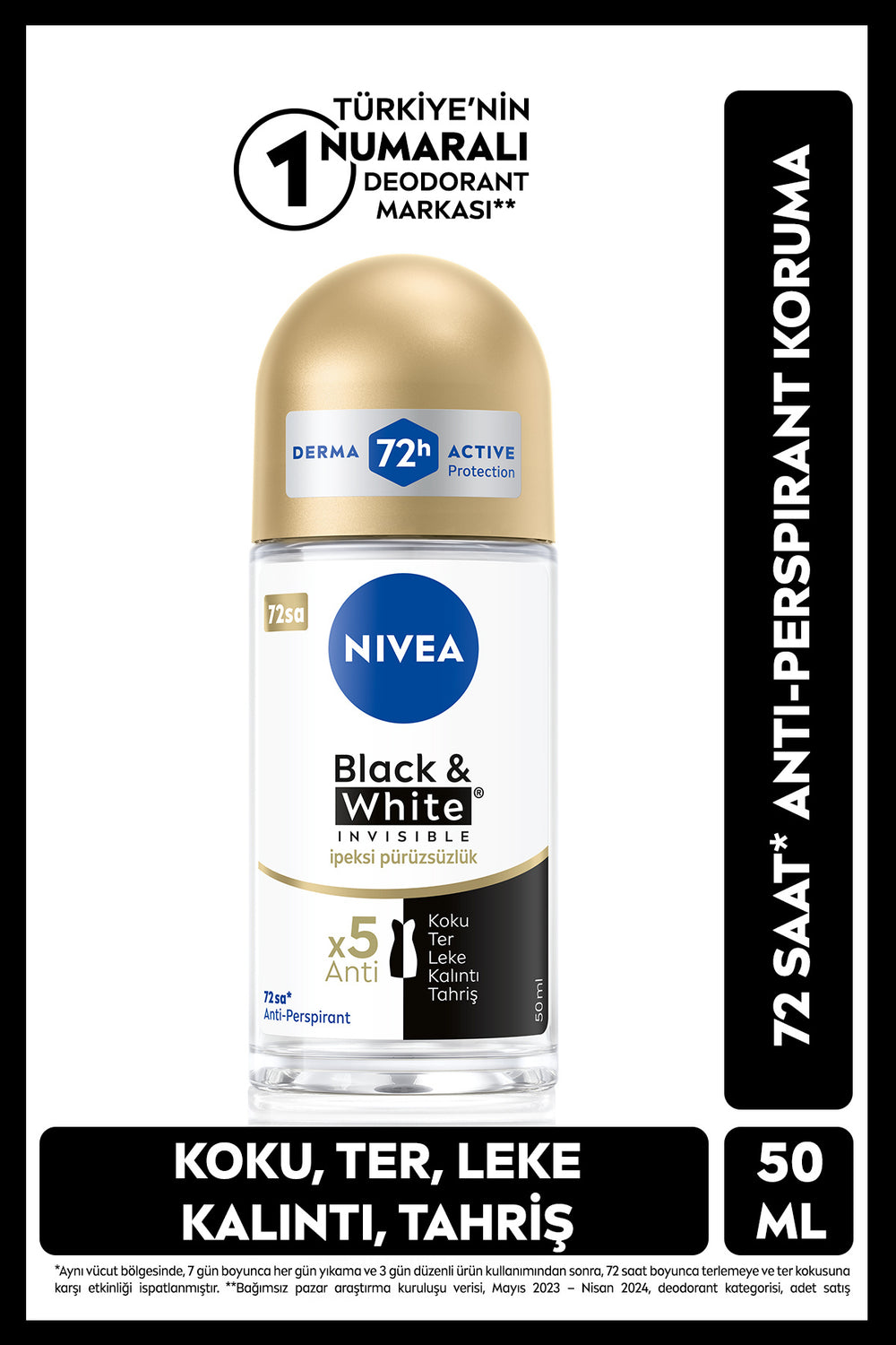Nivea Women's Roll-on Deodorant Black&White Invisible Silky Smoothness 50ml, 72 Hours Sweat Protection, Alcohol-free