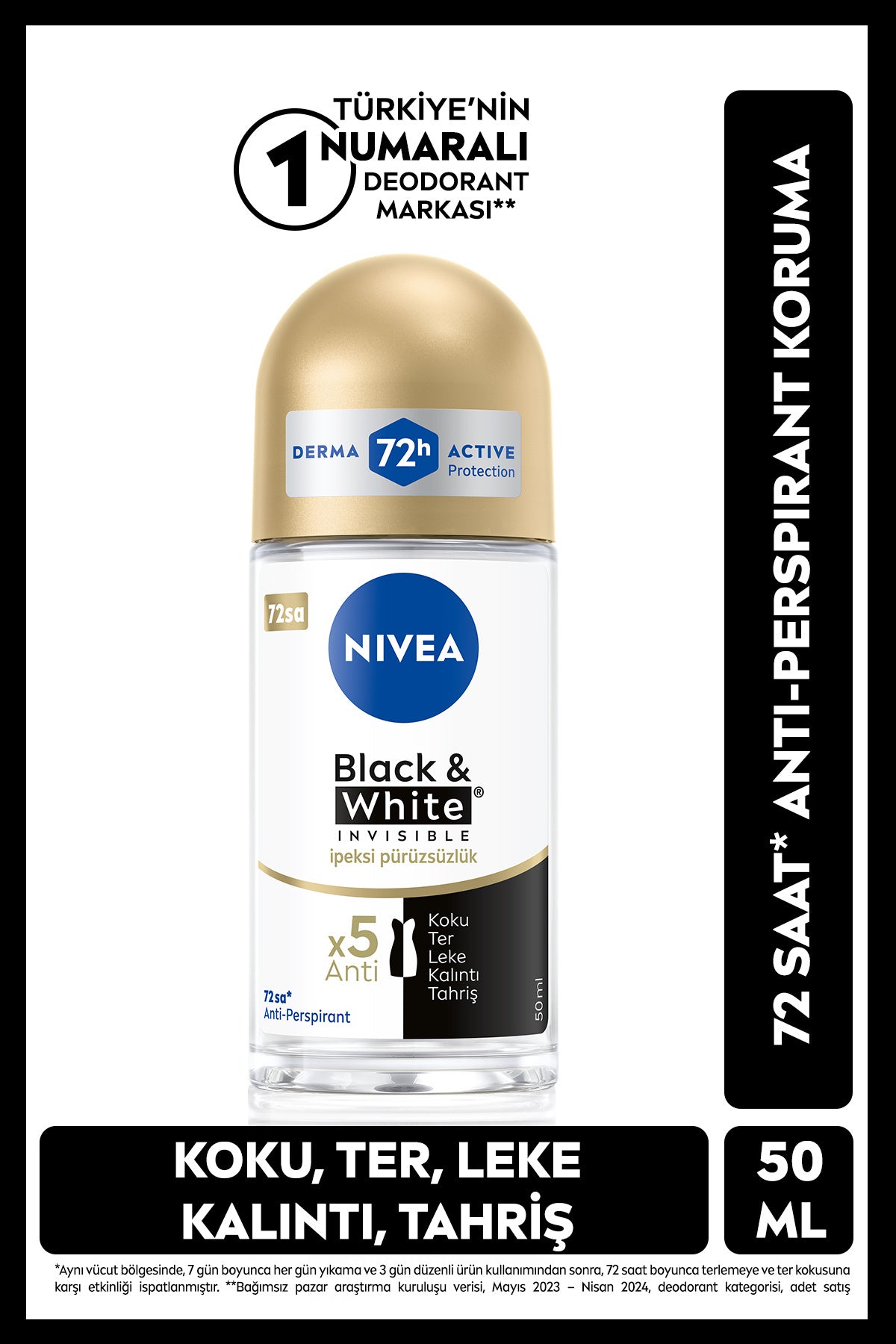 Nivea Women's Roll-on Deodorant Black&White Invisible Silky Smoothness 50ml, 72 Hours Sweat Protection, Alcohol-free