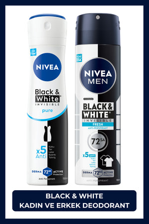 Nivea MEN Men's Spray Deodorant Black&white Fresh 150ml and Women's Spray Deodorant Black&white Pure 150ml