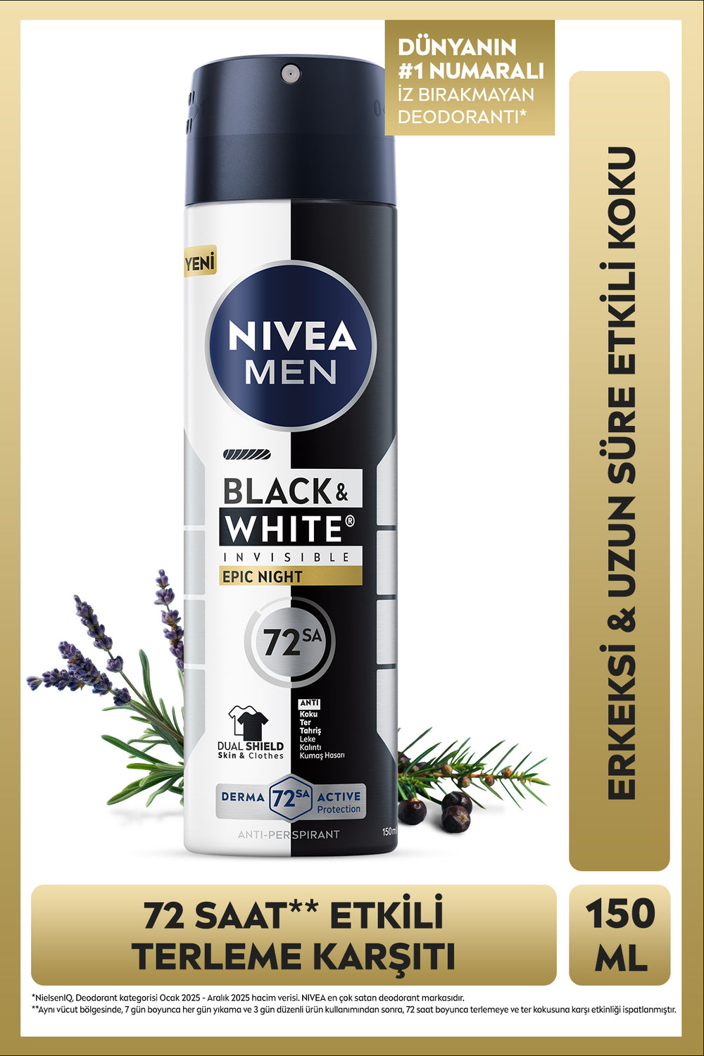 Nivea MEN Men's Spray Deodorant Black&White Epic Night 150 ml, Anti-Sweat, Fabric Protection, Alcohol-free