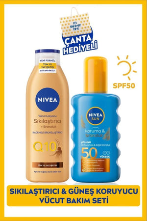 Nivea SUN SPF50 Sunscreen Tan Body Spray 200ml, Q10 Bronzing Lotion 250ml, Bag Gift