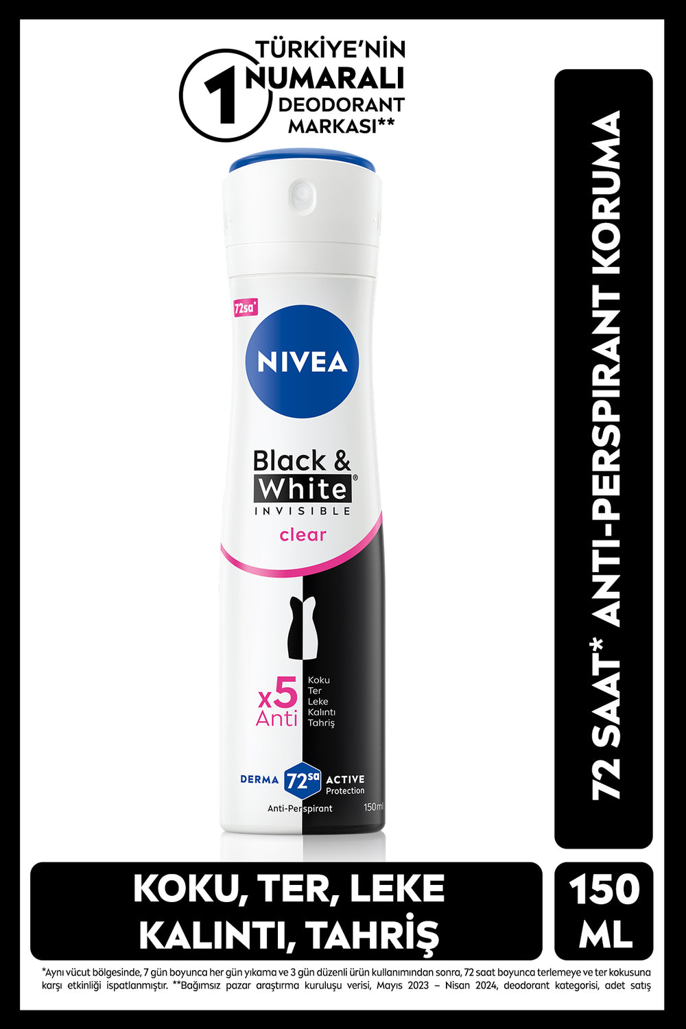 Nivea Women's Spray Deodorant Black&White Invisible Clear 150ml, 72 Hours Anti-perspirant Sweat Protection, Alcohol-free