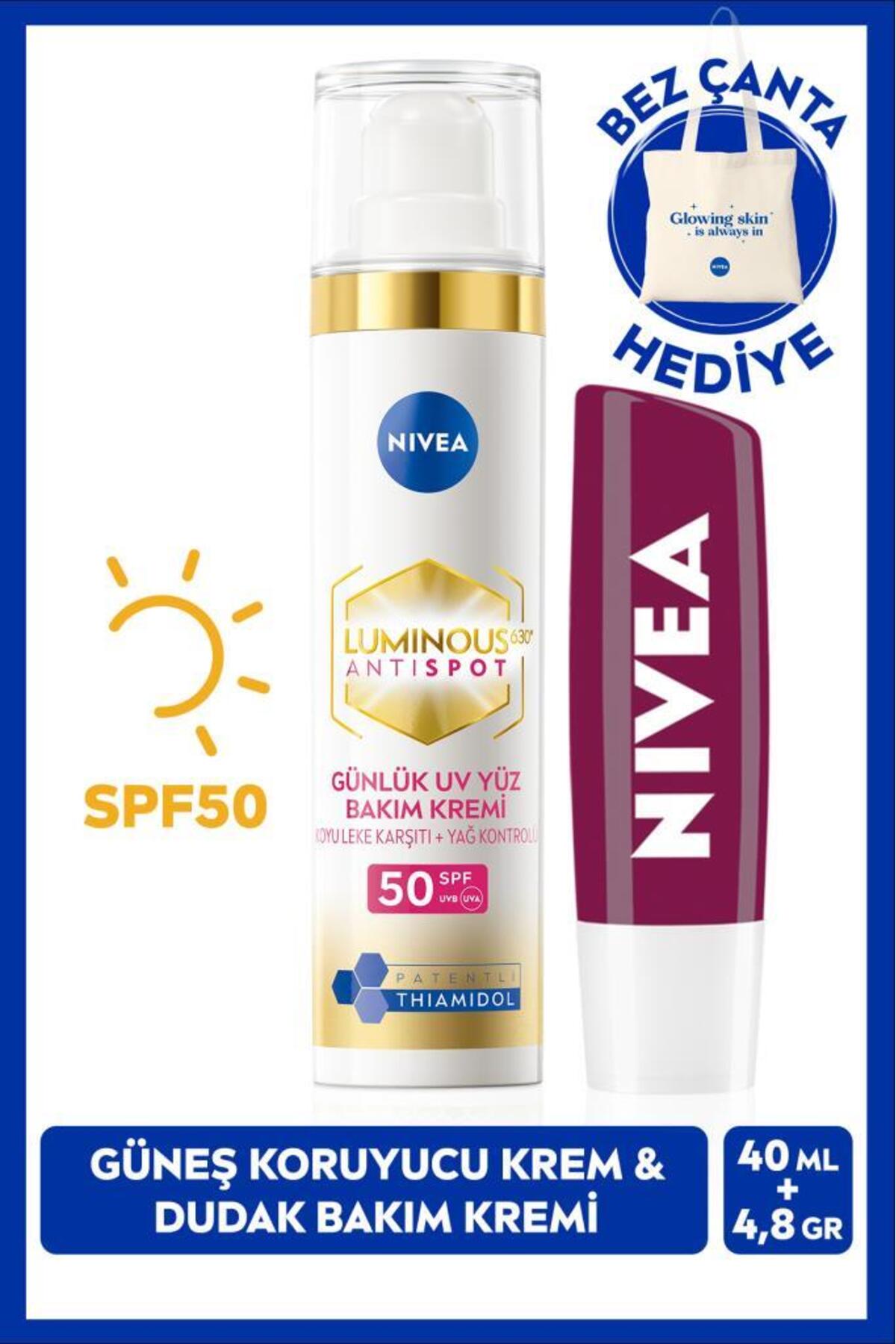 Nivea Spf50 Luminous630 Thiamidol Anti-Blemish Day Face Cream 40ml And Blackberry Lip Cream, Bag Gift