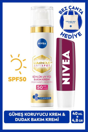 Nivea Spf50 Luminous630 Thiamidol Anti-Blemish Day Face Cream 40ml And Blackberry Lip Cream, Bag Gift