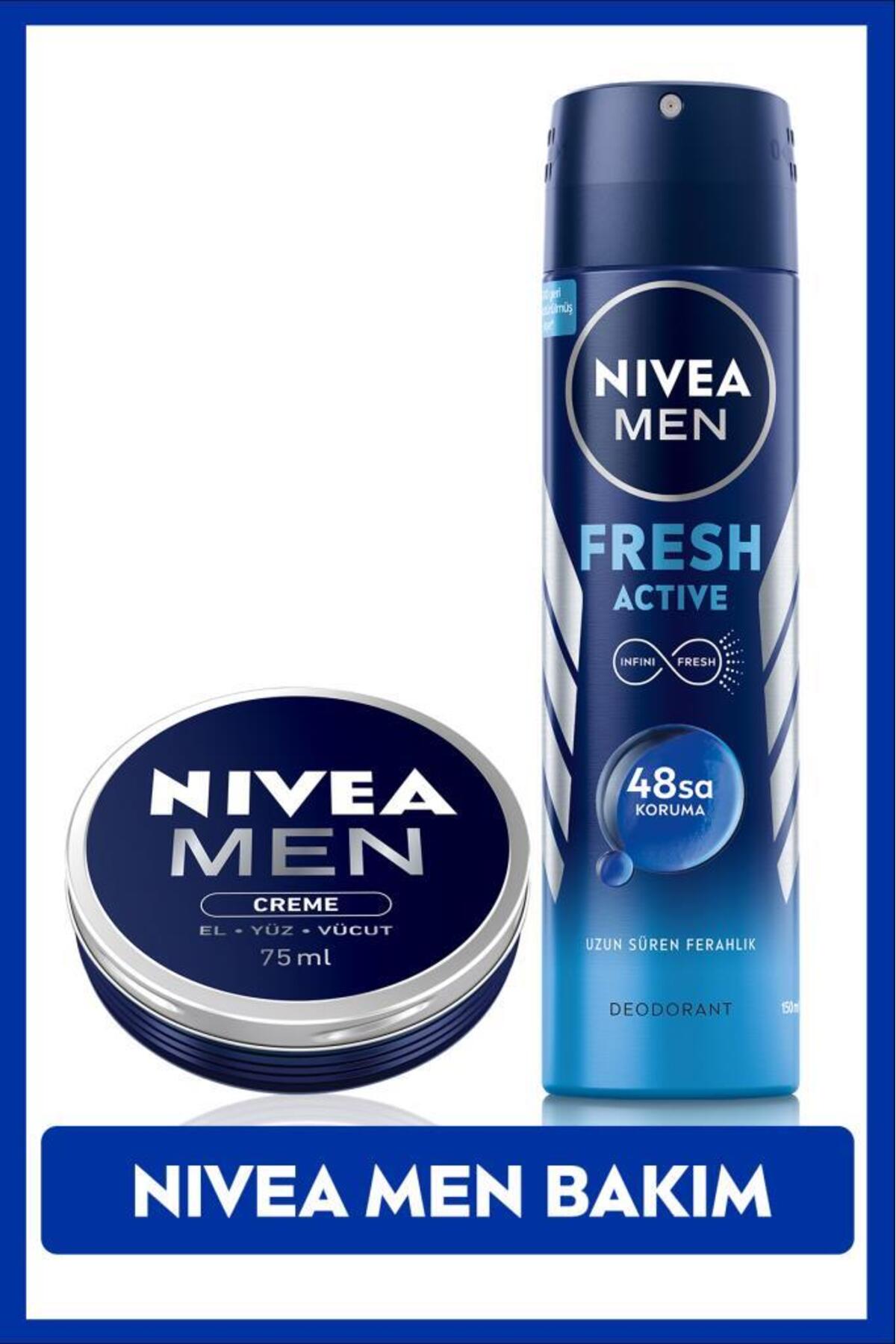 Nivea Men's Spray Deodorant Fresh Active 150ml, 48 Hour Protection and Moisturizing Men's Care Cream 75ml