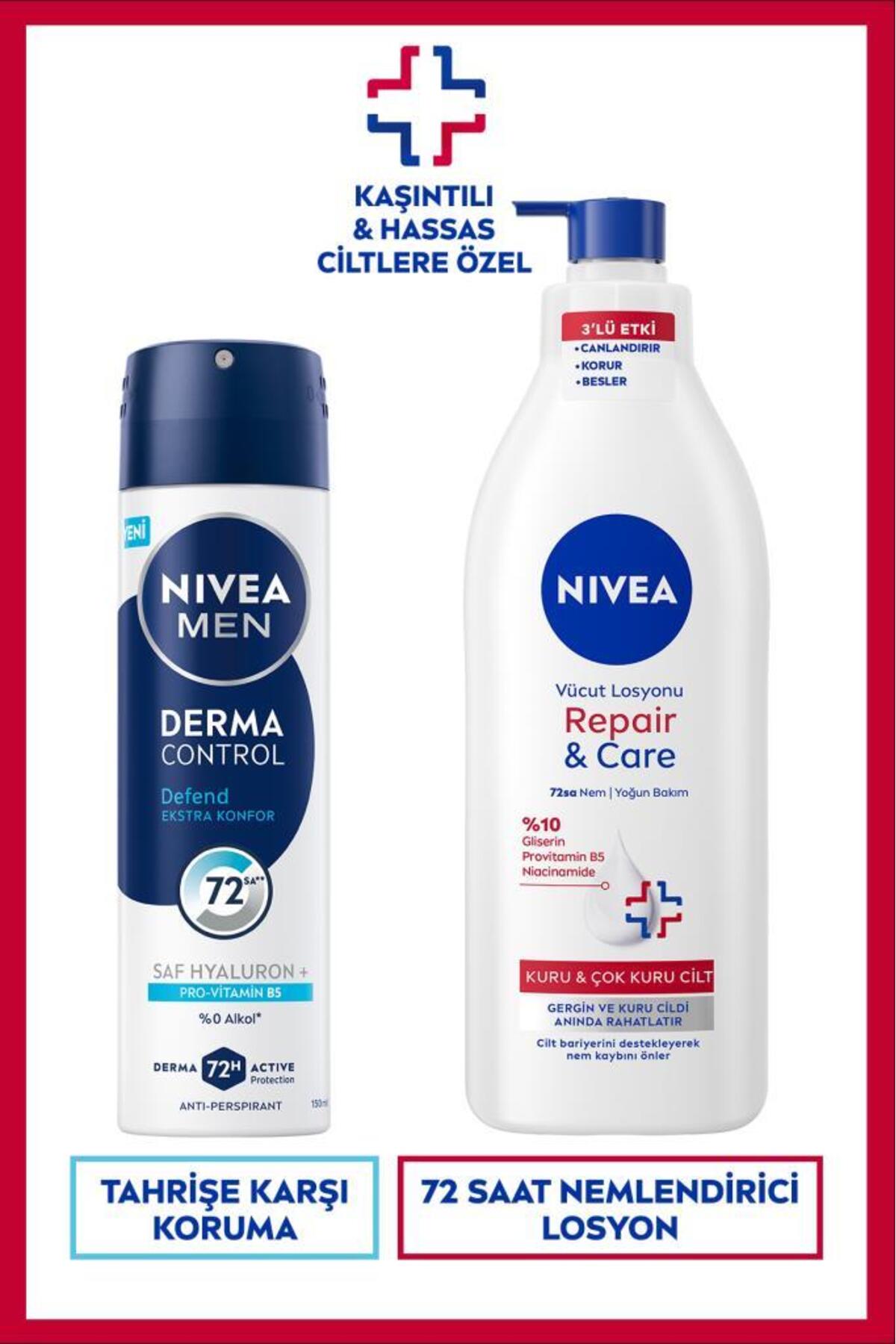 Nivea MEN Men's Spray Deodorant Derma Control Defend 150ml and Repair&Care Moisturizing Body Lotion