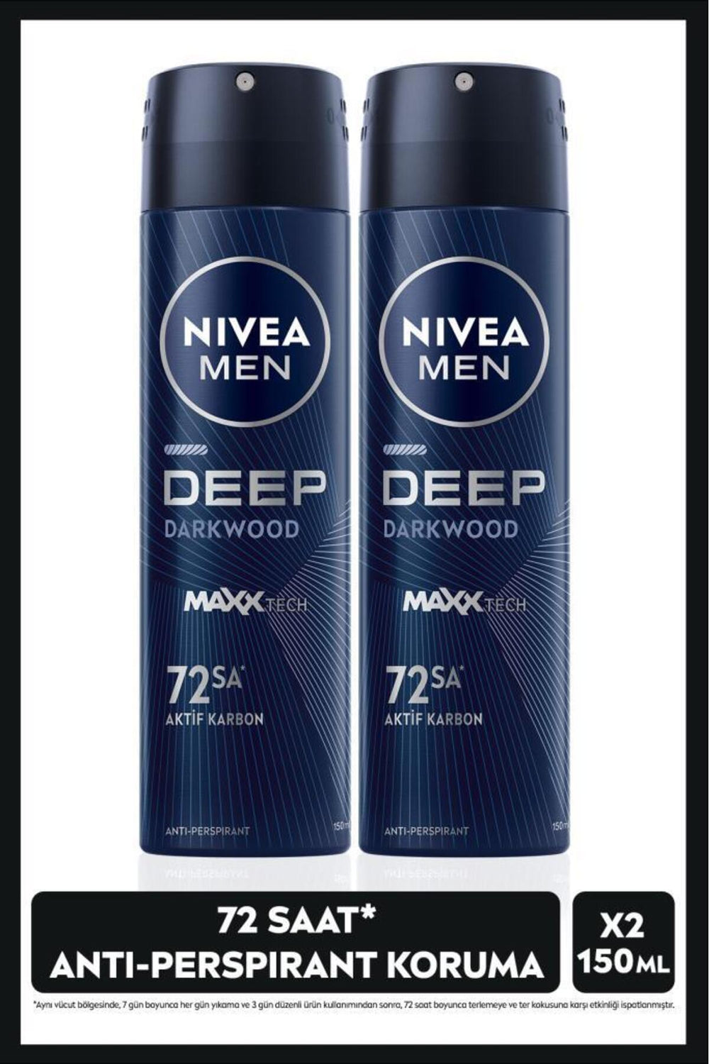 Nivea Men's Spray Deodorant Deep Dimension Activated Carbon 150ml, 72 Hours Anti-perspirant, X2 Pieces