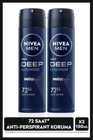 Nivea Men's Spray Deodorant Deep Dimension Activated Carbon 150ml, 72 Hours Anti-perspirant, X2 Pieces