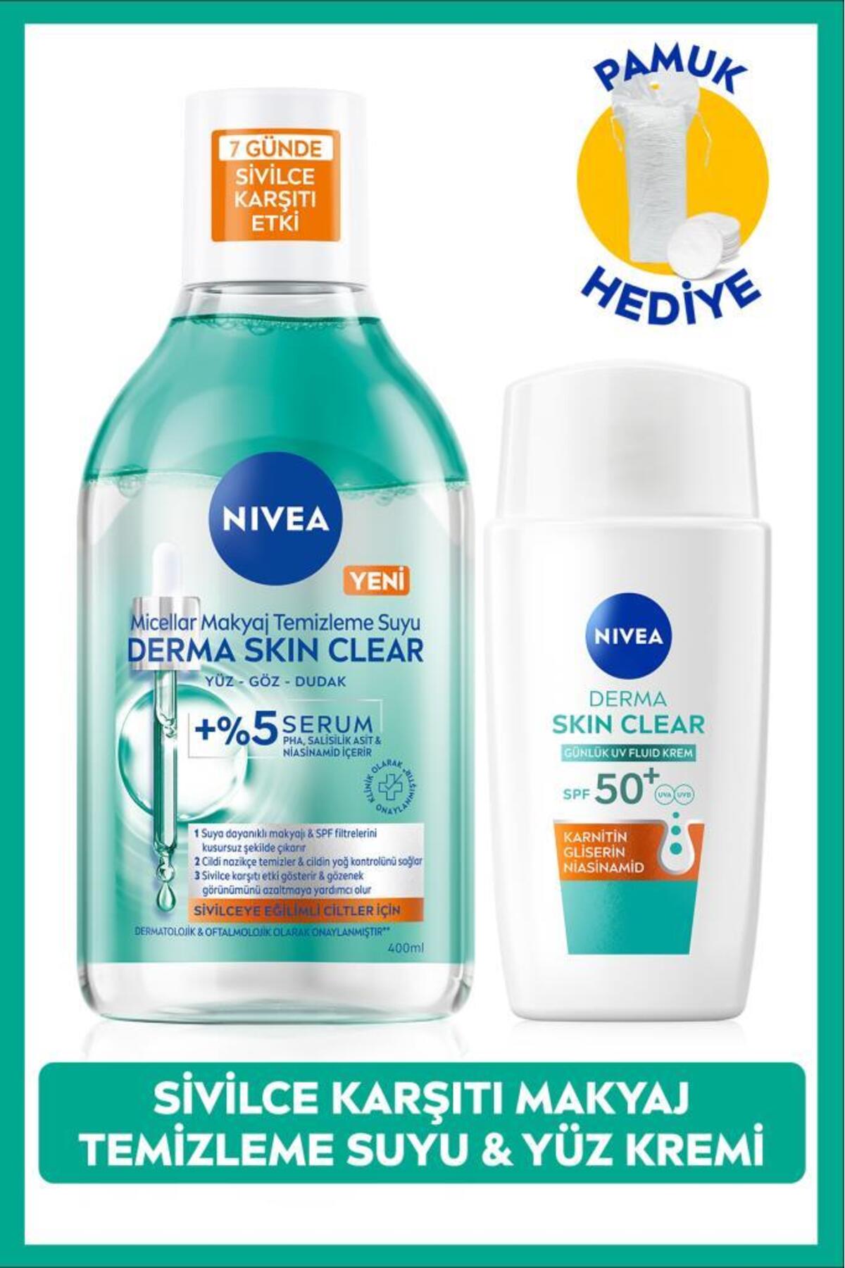 Nivea SPF50+ Derma Skin Clear Anti-Sunscreen Cream 40ml and Make-up Cleansing Water, Cotton Gift