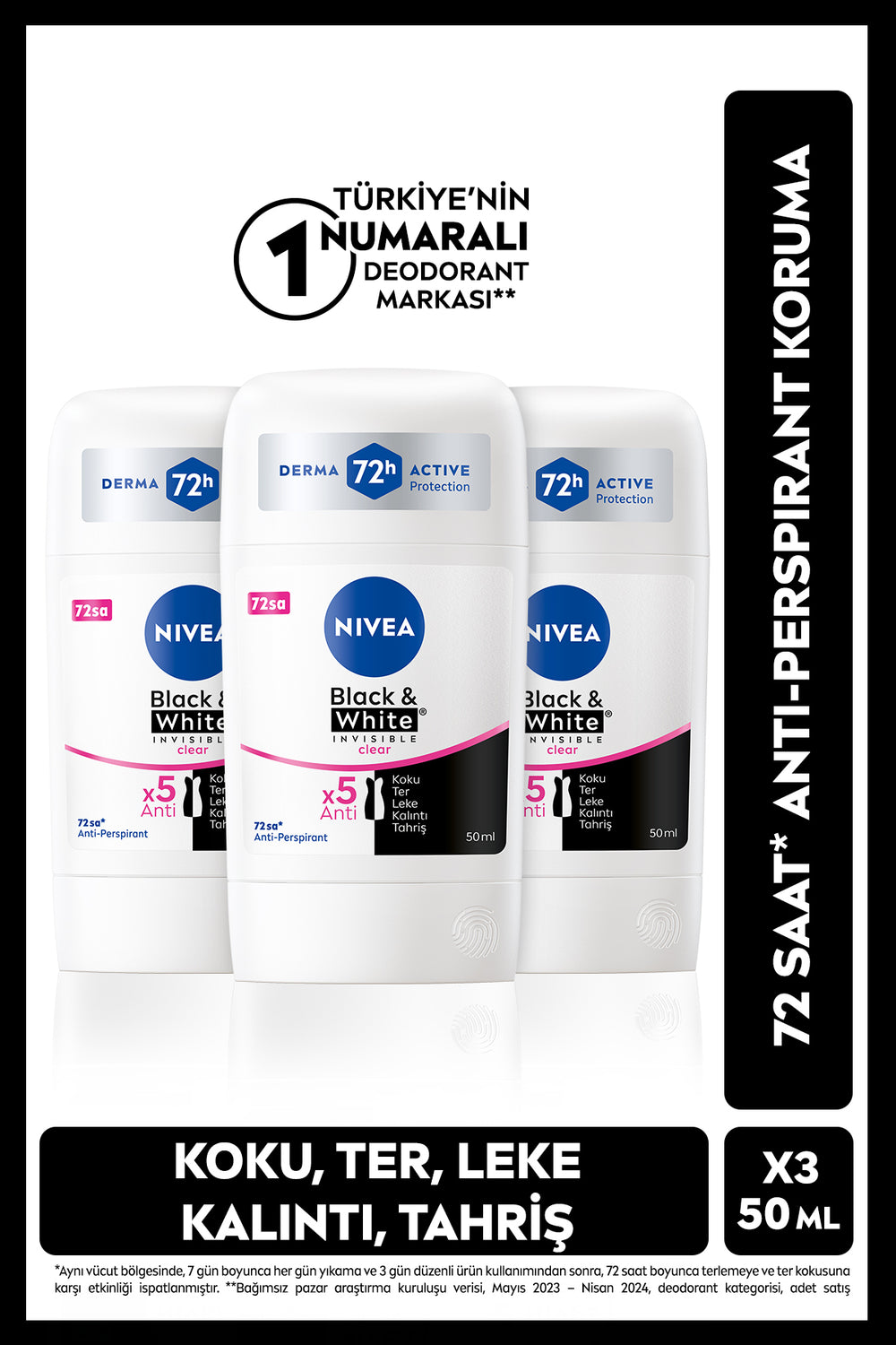 Nivea Women's Stick Deodorant Black&White Clear 50ml, 72 Hours Anti-Perspirant Protection, Advantageous Set, X3 Pieces