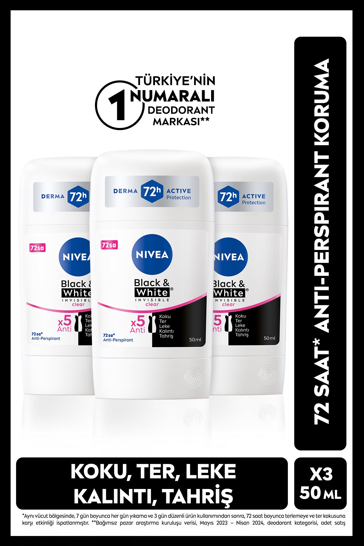 Nivea Women's Stick Deodorant Black&White Clear 50ml, 72 Hours Anti-Perspirant Protection, Advantageous Set, X3 Pieces