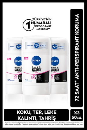Nivea Women's Stick Deodorant Black&White Clear 50ml, 72 Hours Anti-Perspirant Protection, Advantageous Set, X3 Pieces
