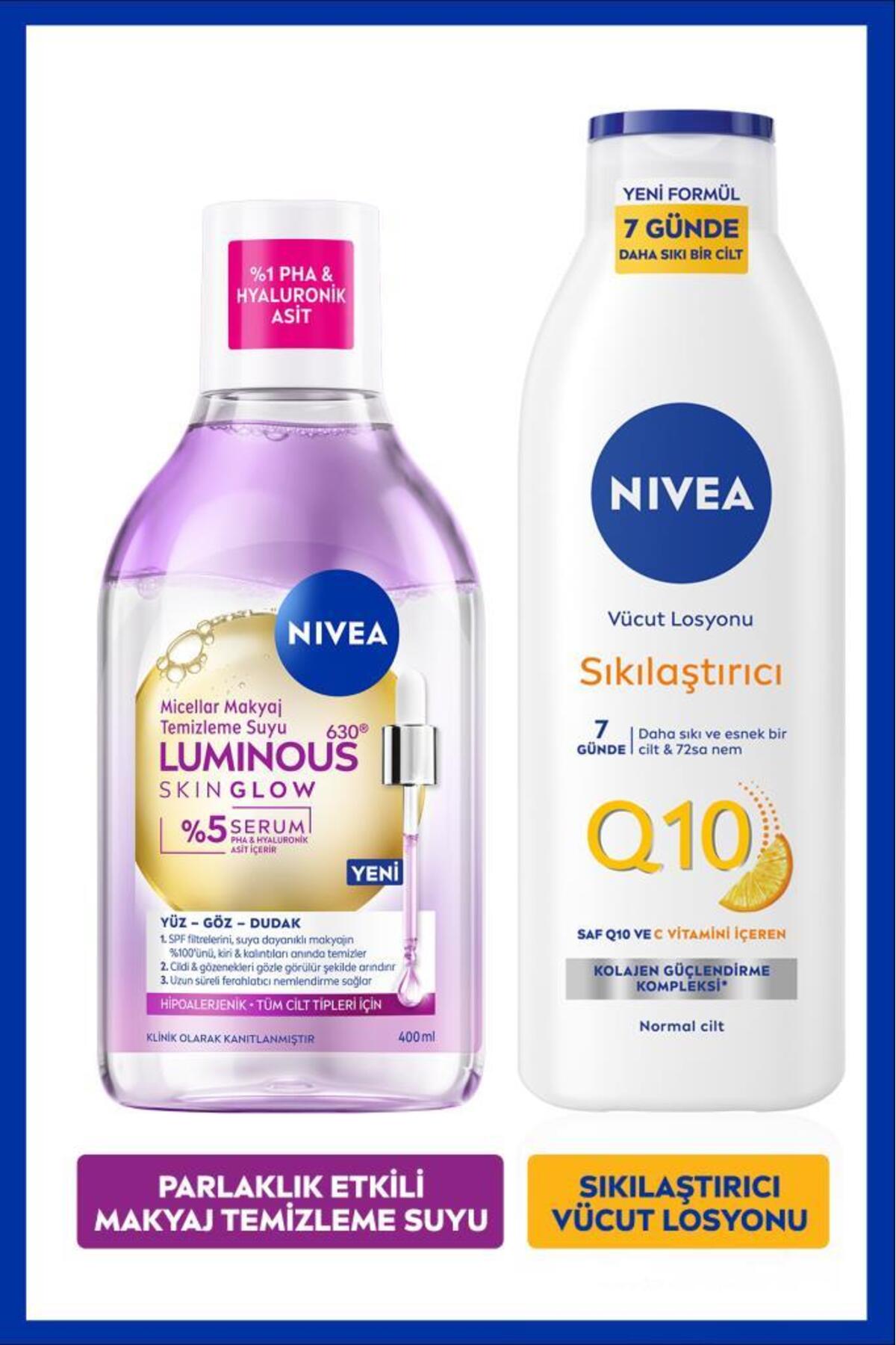 Nivea Luminous630 Skin Glow Micellar Make-up Cleansing Water 400ml and Q10 Firming Body Lotion 250ml
