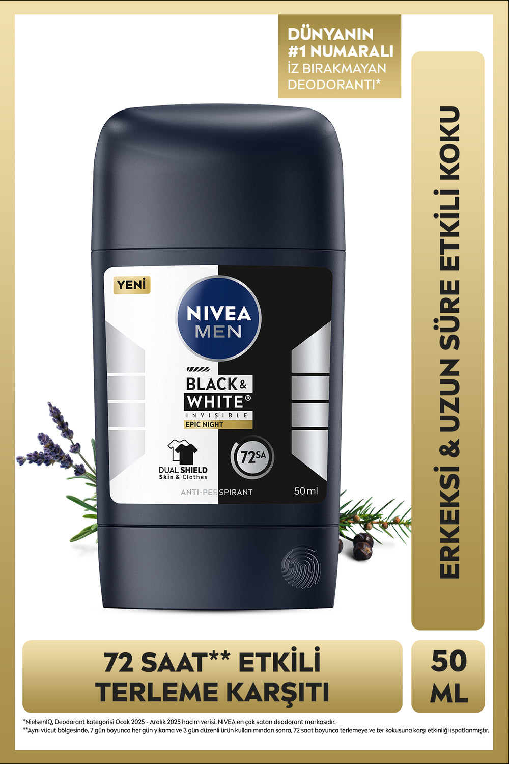 Nivea MEN Men's Stick Deodorant Black&White Epic Night 50 ml, Anti-Sweat, Fabric Protection, Alcohol-free
