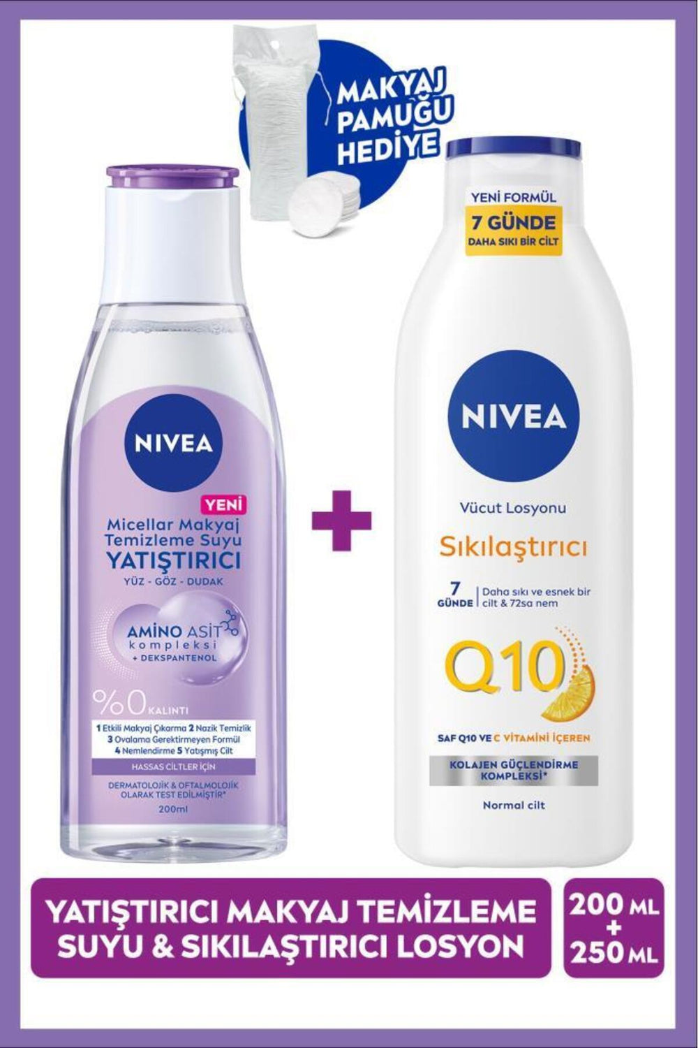 Nivea Soothing Micellar Make-up Cleansing Water 200ml and Q10 Firming Lotion 250ml, Cotton Gift