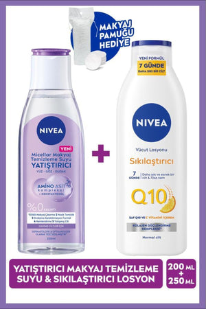 Nivea Soothing Micellar Make-up Cleansing Water 200ml and Q10 Firming Lotion 250ml, Cotton Gift