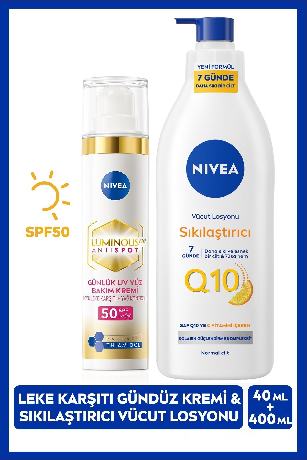 Nivea Luminous630 Thiamidol Effective Anti-Blemish Day Cream 40ml and Q10 Firming Body Lotion 400ml