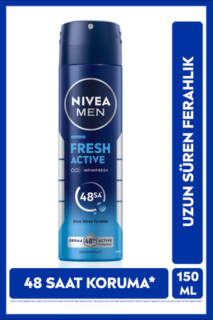 Nivea MEN Men's Spray Deodorant Fresh Active 150ml, 48 Hour Protection Against Sweat Odor, Aluminum Free