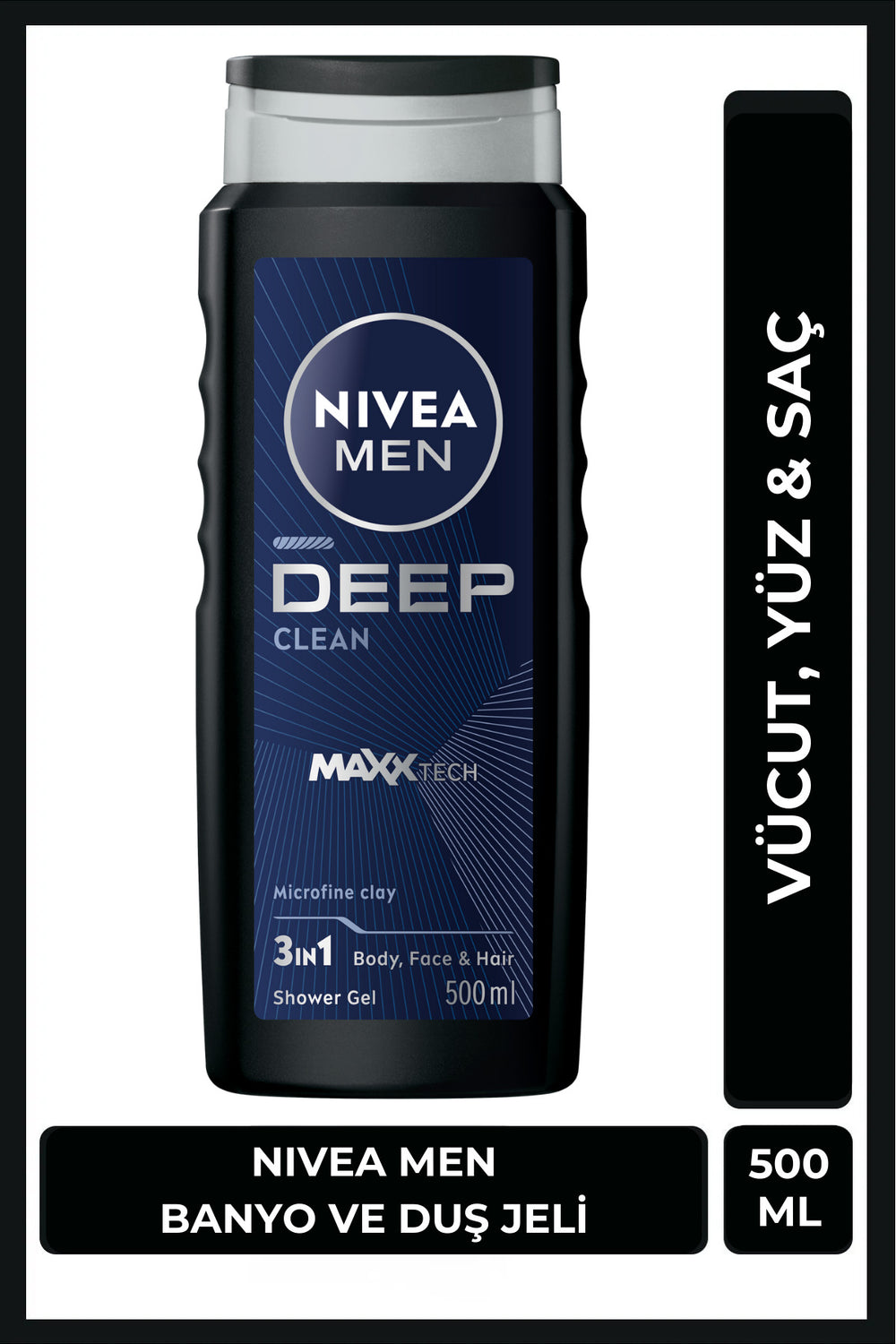 Nivea MEN Men's Deep Clean Bath and Shower Gel 500ml, Body Hair Face, Masculine Fragrance, Deep Cleansing