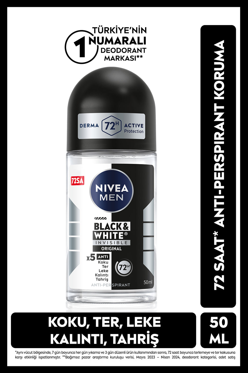 Nivea MEN Men's Roll on Deodorant Black&White Invisible Original 50 ml, 72 Hours Anti Perspirant Protection