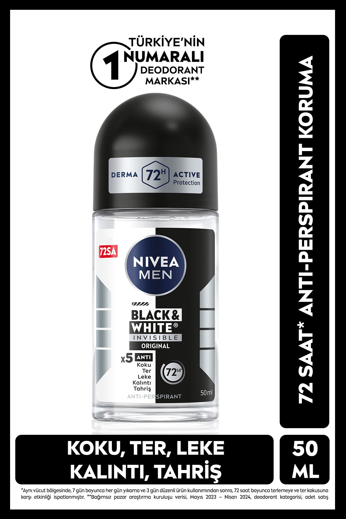 Nivea MEN Men's Roll on Deodorant Black&White Invisible Original 50 ml, 72 Hours Anti Perspirant Protection