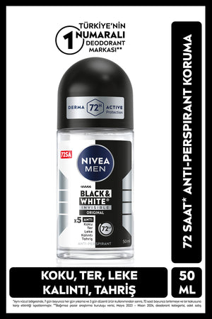 Nivea MEN Men's Roll on Deodorant Black&White Invisible Original 50 ml, 72 Hours Anti Perspirant Protection
