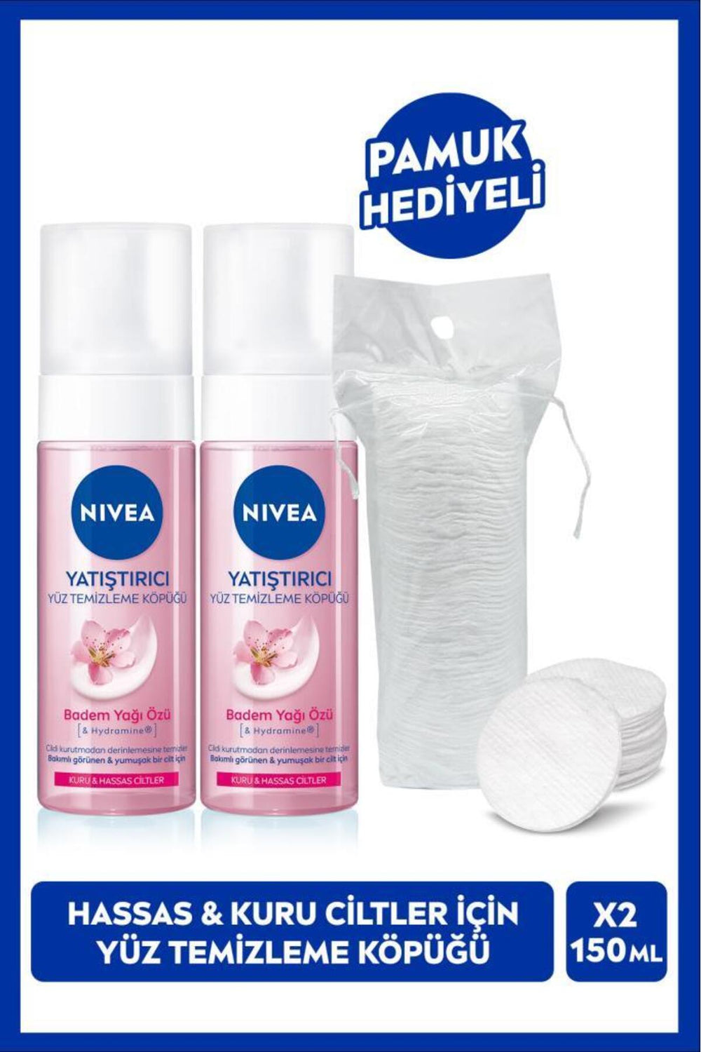 Nivea Soothing Facial Cleansing Foam 150ml, Dry and Sensitive Skin, Moisturizer, X2 Pieces, Cotton Gift