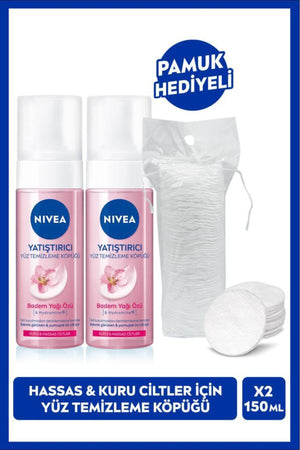 Nivea Soothing Facial Cleansing Foam 150ml, Dry and Sensitive Skin, Moisturizer, X2 Pieces, Cotton Gift