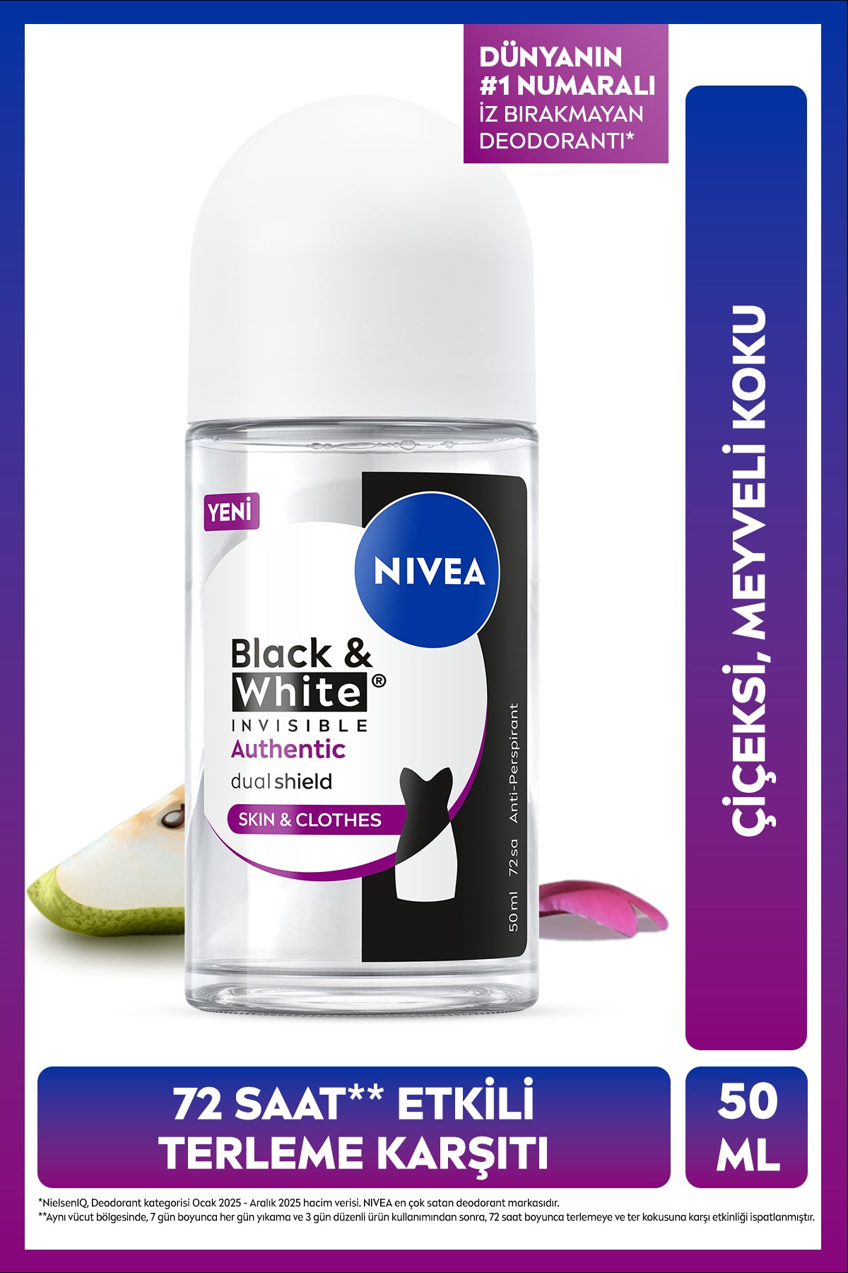 Nivea Women's Roll on Deodorant Black&White Authentic 50 ml, Anti-Sweat, Fruit, Flower Scent, Fabric Protection