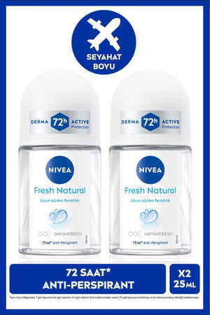 Nivea Women's Roll-on Deodorant Fresh Natural 25ml, 72 Hours Anti-perspirant Protection, Travel Size, Alcohol-Free
